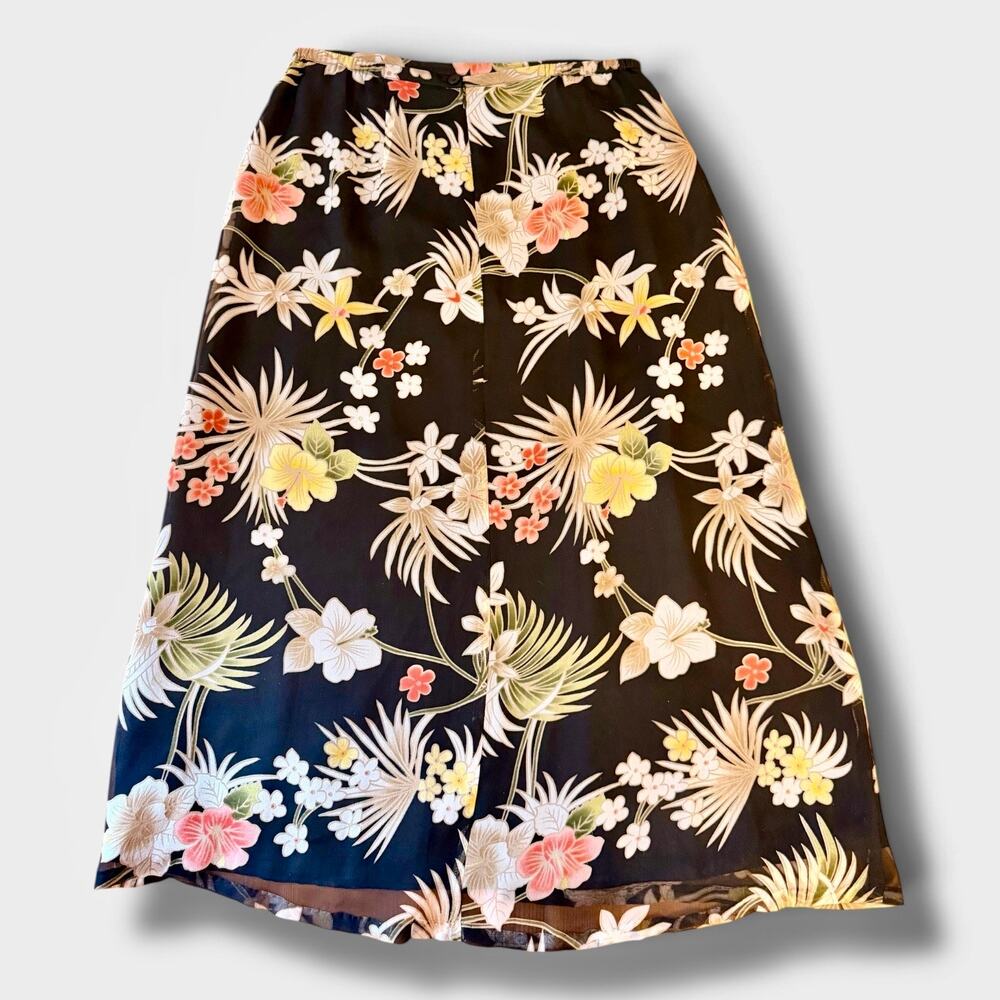 Allison Taylor 100% Silk Floral Midi Skirt Black Tropical Print Size M